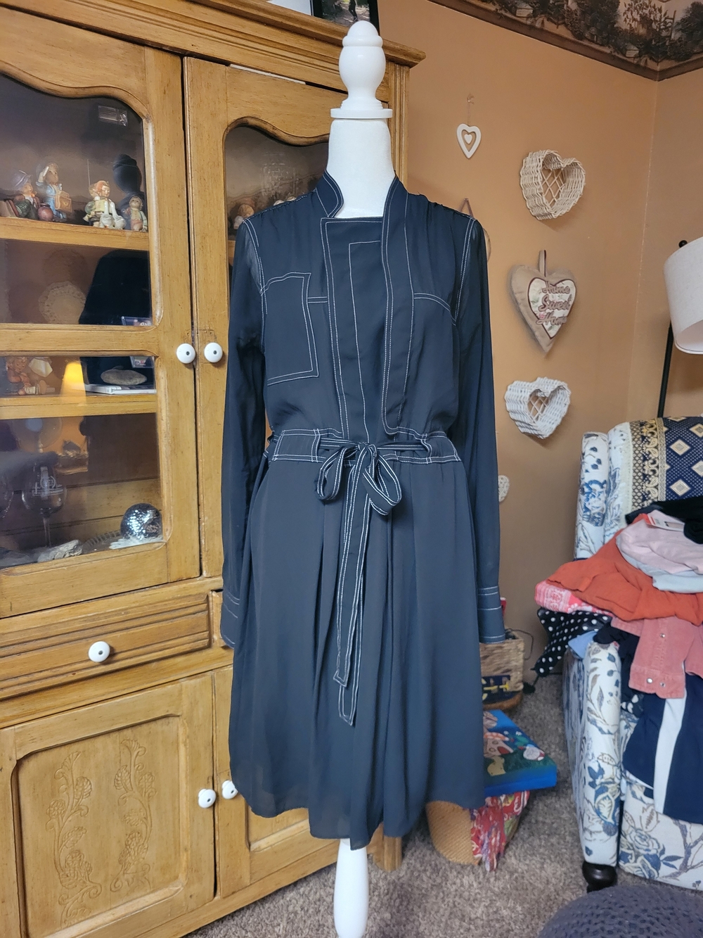Simply Vera Vera Wang Black Contrast Stitch Belted Shirt Dress M